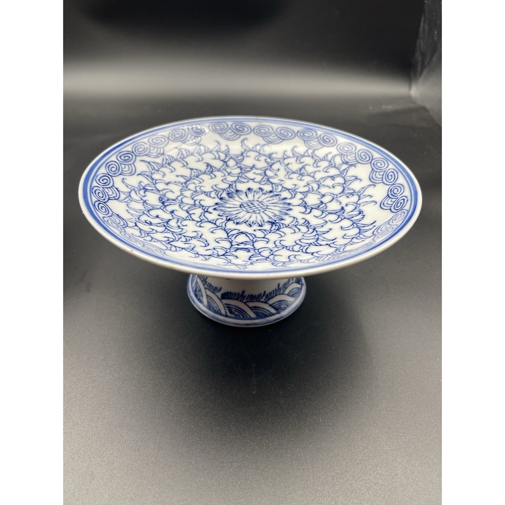 Blue White Porcelain Pedestal Dish Tazza Compote Crab Motif‎ Unmarked
